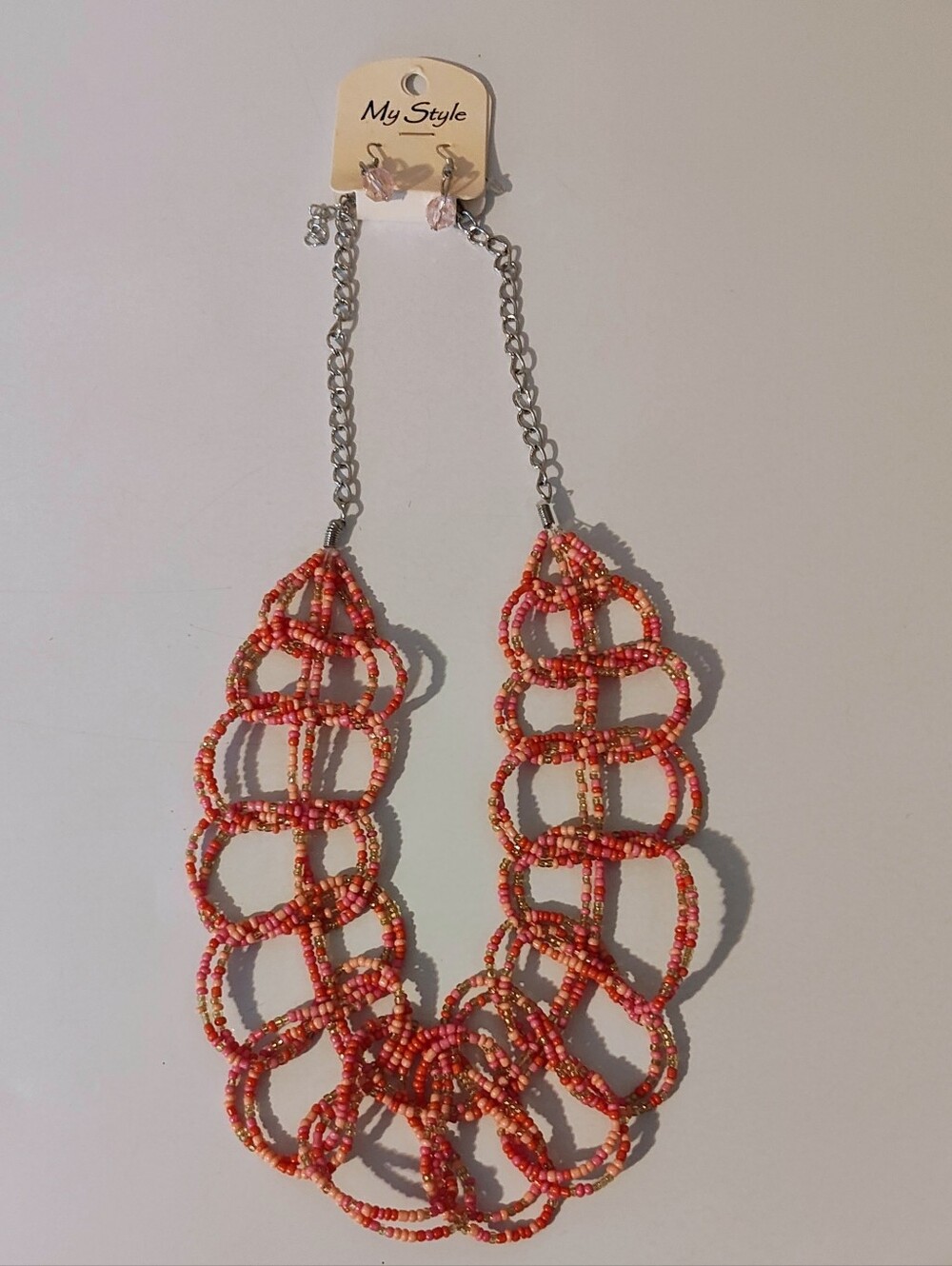 Coral Pink Beaded Loop Statement Necklace & Earring Set